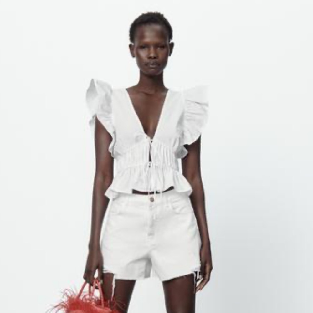 Zara White Tied Poplin Top - Size S